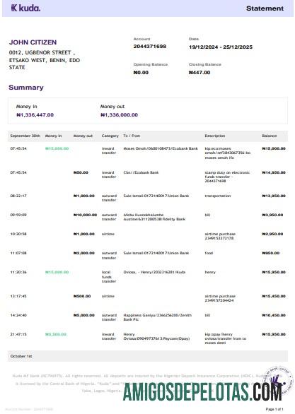 Extrato bancário Kuda do Reino Unido de 3 a 6 meses Word e PDF exemplo amostra